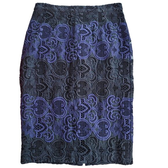 A.L.C. Silk Color Block Lace Embroidered Pencil Skirt Size 8 Blue Black Luxury - Picture 1 of 8